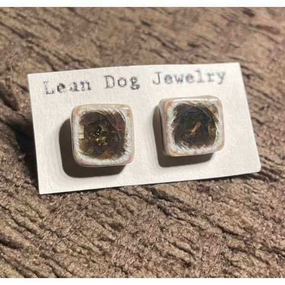 Handmade Ceramic‎ & Glass Earrings Stud Post plug Brown white Square Cube - Picture 1 of 4